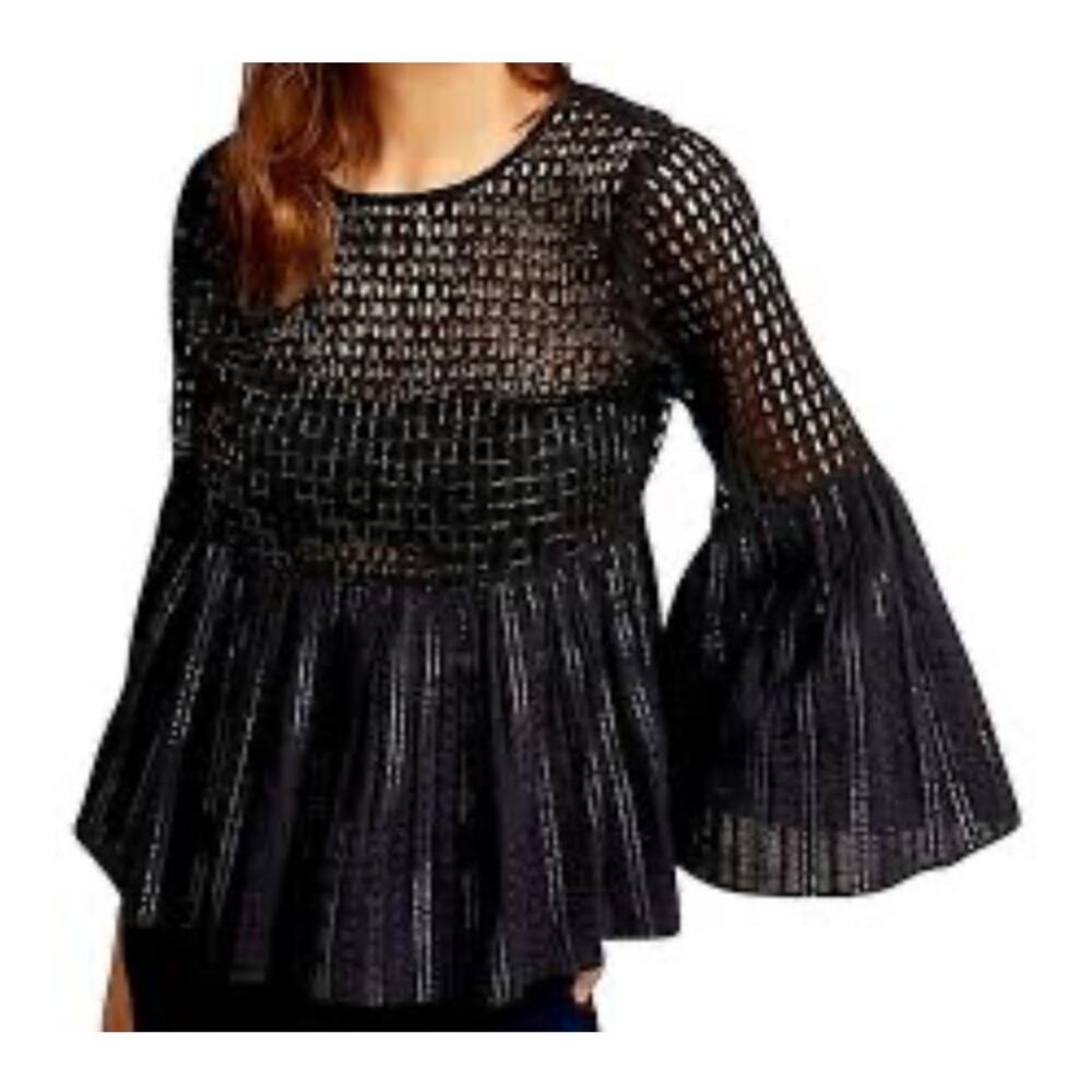 Anthropologie Maeve Alameda Blouse metallic threading Black Eyelet Top